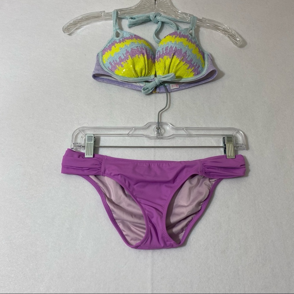 Victoria’s Secret Bikini Woman’s Small Sequins swimsuit purple green padded cup